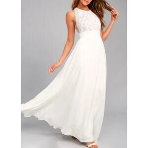 LULU'S SZ M Forever and Always White Lace Maxi Bridal Party Formal Dress NEW 0b5